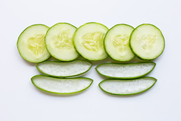 Good skin care and healthy with natural ingredients aloe vera and cucumbers isolated on white
