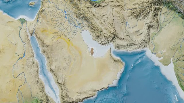 Qatar area presented against the global satellite map in the Fahey projection with animated oblique transformation