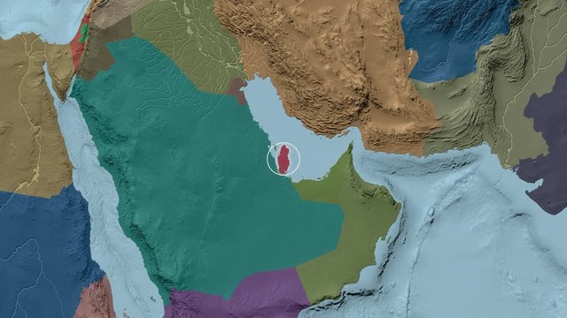 Qatar area presented against the global administrative map in the Kavrayskiy VII projection with animated oblique transformation
