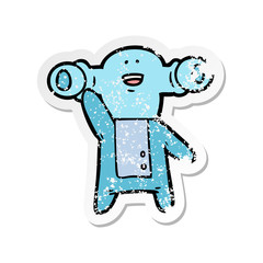 distressed sticker of a friendly cartoon alien waving