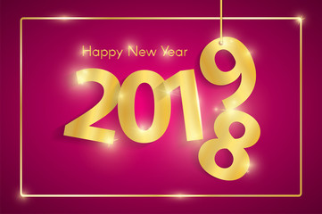 Pink Happy New Year 2019 concept with golden shiny paper cuted numbers on ropes and luxury gold frame. Vector illustration