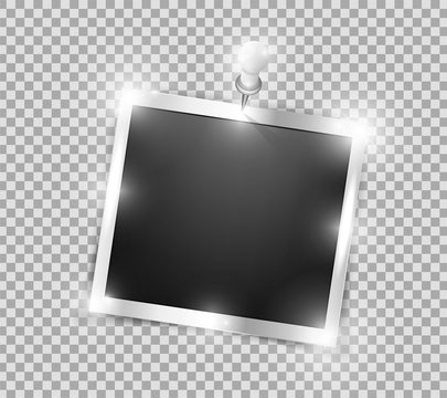 Square realistic silver shining frame template on metal pin with shadows isolated on transparent background. Vector illustration