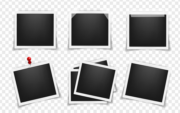Pack of square realistic frame templates with shadows isolated on transparent background. Simple, on metal pin, on white sticky tape Vector illustration