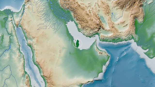 Qatar area presented against the global physical map in the Kavrayskiy VII projection with animated oblique transformation