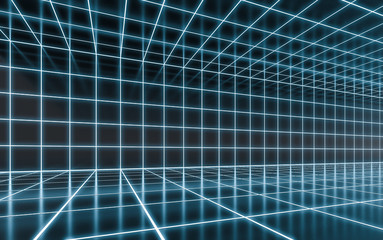 Abstract blue neon glowing background. Neon Light On Refelction Surface 3D Rendering