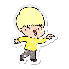 distressed sticker of a happy cartoon boy