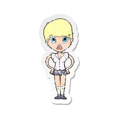 retro distressed sticker of a cartoon annoyed girl