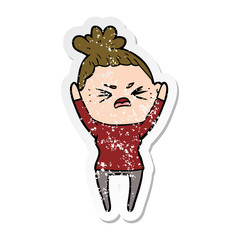 distressed sticker of a cartoon angry woman