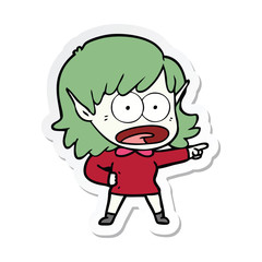 sticker of a cartoon shocked elf girl pointing