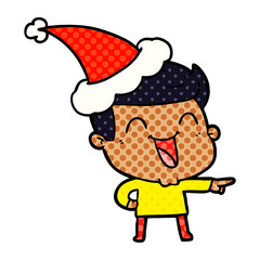 comic book style illustration of a man laughing wearing santa hat