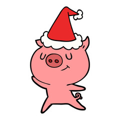 happy line drawing of a pig wearing santa hat