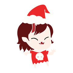 flat color illustration of a laughing vampire girl wearing santa hat