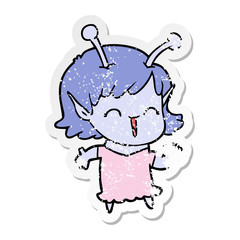 distressed sticker of a cartoon alien girl laughing