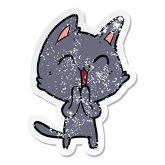 distressed sticker of a happy cartoon cat