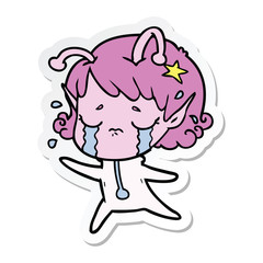 sticker of a cartoon crying alien girl