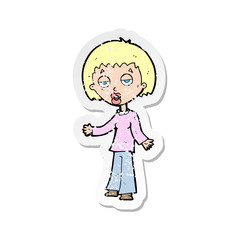 retro distressed sticker of a cartoon tired woman