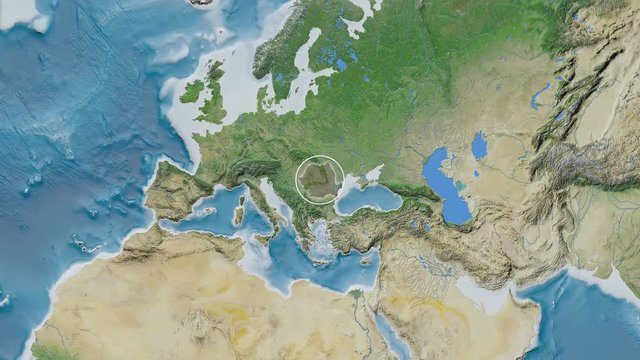 Romania area presented against the global satellite map in the Kavrayskiy VII projection with animated oblique transformation