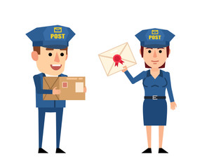 Cheerful couple of postal service personnel. Postman holding parcel box and postwoman with letter. Flat style vector illustration