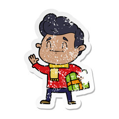 distressed sticker of a happy cartoon man with gift