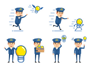 Set of funny postman characters posing with idea light bulbs. Cheerful mailman pointing to idea, holding box full of ideas and showing other actions. Flat style vector illustration
