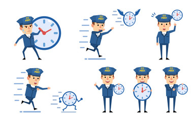Set of funny postman characters posing with wall watches. Cheerful mailman holding timer, trying to stop time and showing other actions. Flat style vector illustration