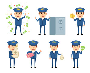Set of cheerful postman characters posing with money. Funny mailman holding money bag, posing with safe, piggy bank and showing other actions. Flat style vector illustration