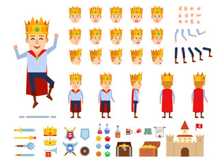 Young prince creation kit. Create your own pose, action, animation. Various emotions, gestures, design elements. Flat design vector illustration