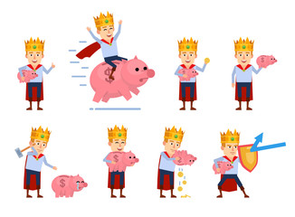 Set of young king characters posing with piggy bank in different situations. Cheerful medieval prince holding piggy bank, saving money and showing other actions. Flat style vector illustration