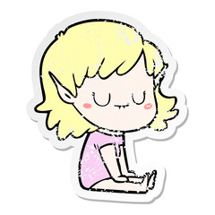 distressed sticker of a happy cartoon elf girl