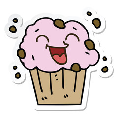 sticker of a quirky hand drawn cartoon happy muffin
