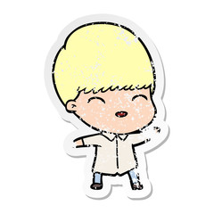 distressed sticker of a happy cartoon boy
