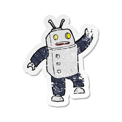 retro distressed sticker of a cartoon robot