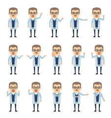 Set of old professor characters showing various hand gestures. Cheerful scientist pointing, greeting, showing thumb up and other gestures. Flat design vector illustration