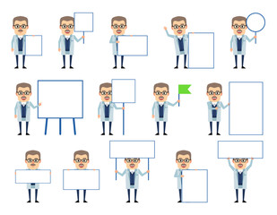 Fototapeta na wymiar Set of old professor characters posing with various blank signboards. Cheerful scientist holding paper, banner, poster, pointing to whiteboard. Flat design vector illustration