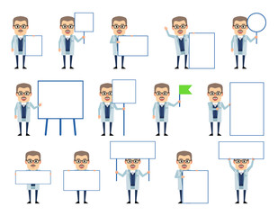 Set of old professor characters posing with various blank signboards. Cheerful scientist holding paper, banner, poster, pointing to whiteboard. Flat design vector illustration
