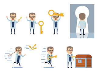 Set of old professor characters with big key posing in various situations. Cheerful scientist holding key, running and showing other actions. Flat design vector illustration
