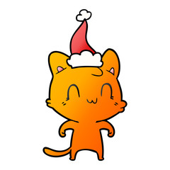 gradient cartoon of a happy cat wearing santa hat