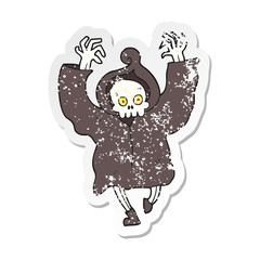 retro distressed sticker of a cartoon dancing death skeleton