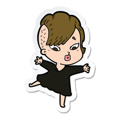 sticker of a cartoon surprised girl in black dress