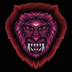 Illustration of a creepy lion head demon with bright red and sharp fangs
