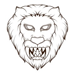Line art Illustration of a creepy lion head demon with sharp fangs