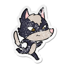 distressed sticker of a friendly cartoon wolf running