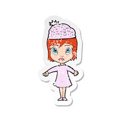 retro distressed sticker of a cartoon woman wearing winter hat