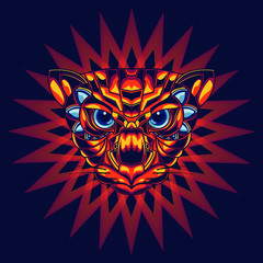 Illustration of a cat's head with gold and blue and an attractive and unique ornamental background