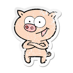distressed sticker of a cheerful pig cartoon