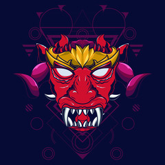 Illustration of a red faced demon head with horns with golden crowns