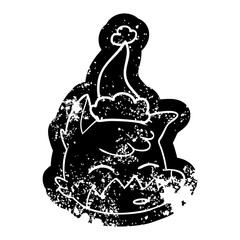 cartoon distressed icon of a fox face wearing santa hat