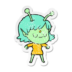 distressed sticker of a cartoon alien girl