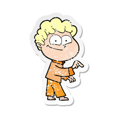distressed sticker of a cartoon happy man