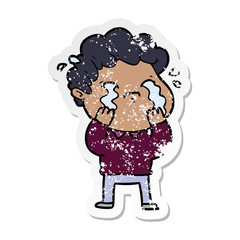 distressed sticker of a cartoon man crying
